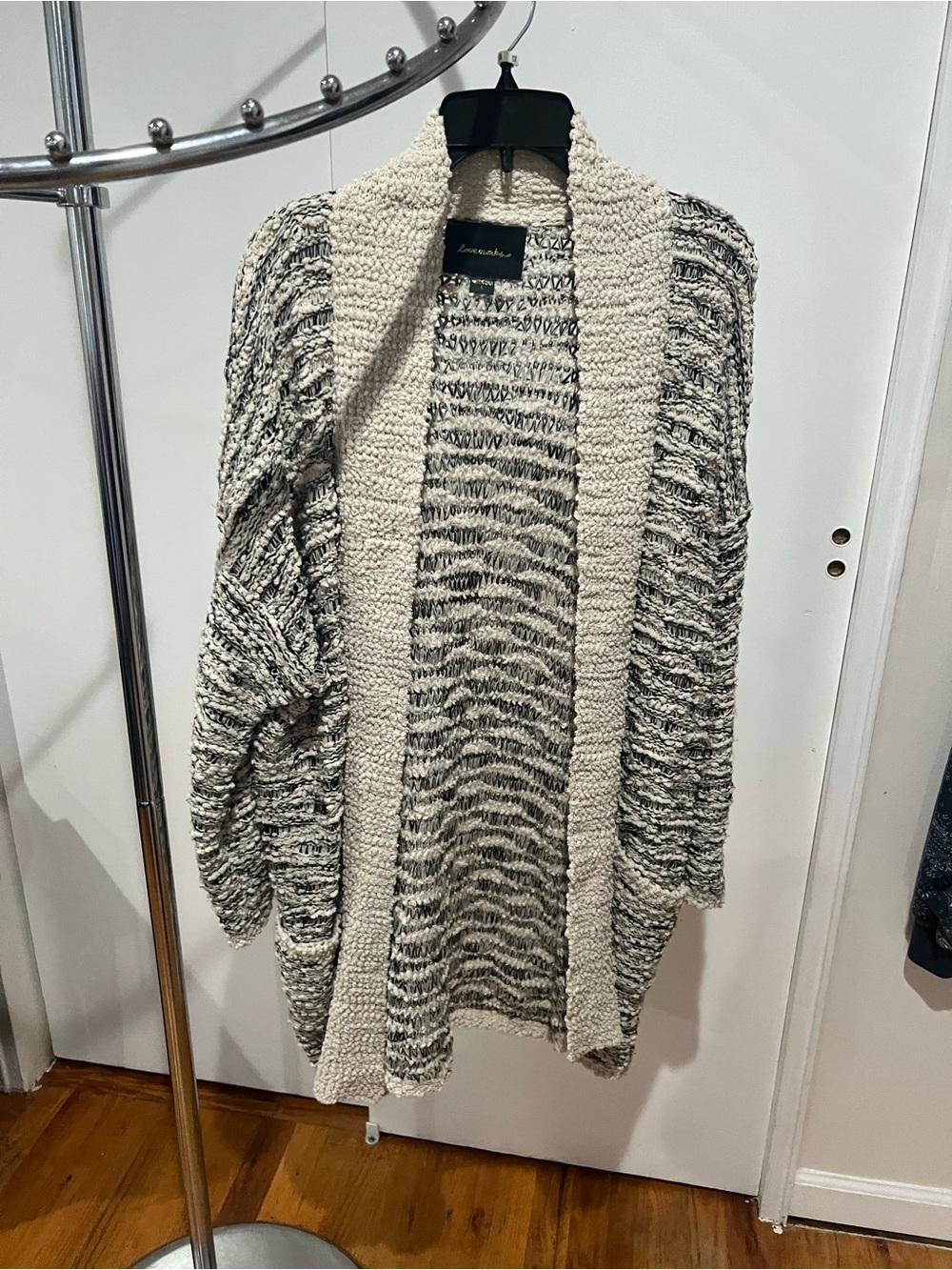Open-Front Marled Knit Cardigan in Cream and Black